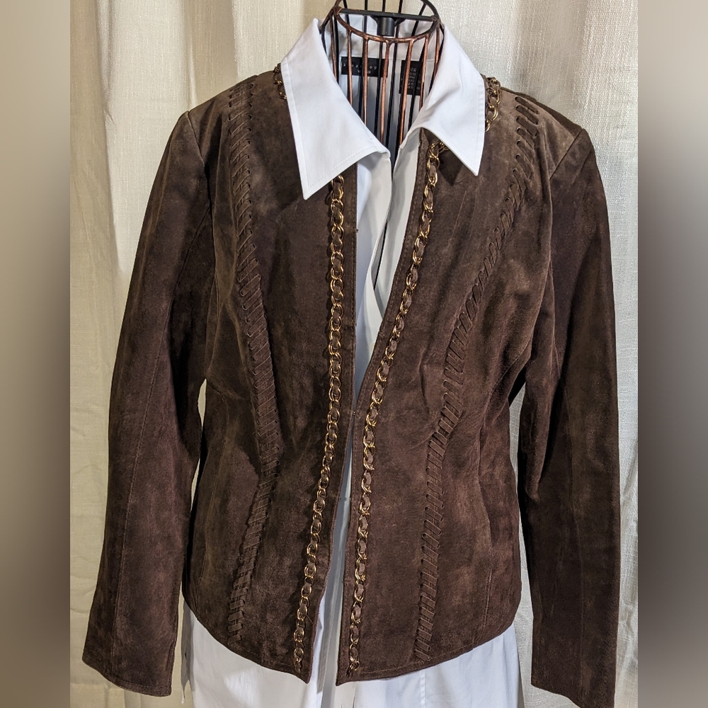Brown Leather Jacket with Chain Detail